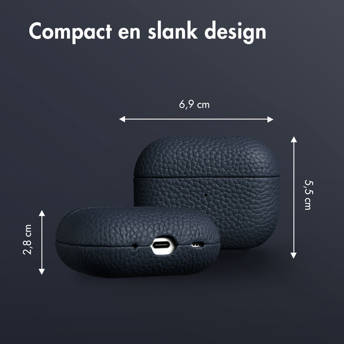 Two dark blue leather AirPods cases on a dark background. Dimensions are shown with arrows.