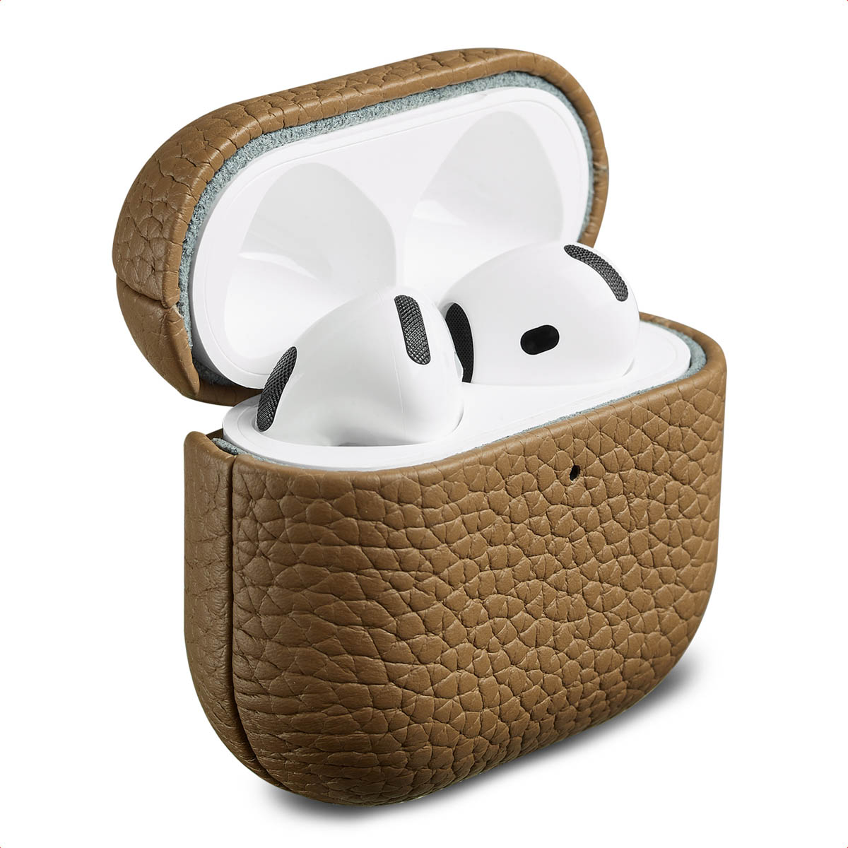 AirPods in a brown leather case, open.