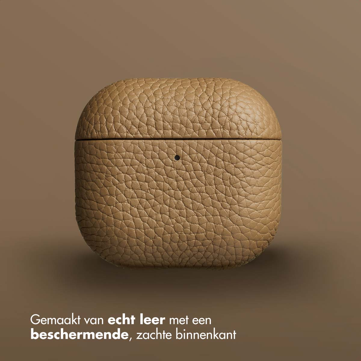 Tan leather AirPods case on a brown background. Text reads 'Made of genuine leather'.