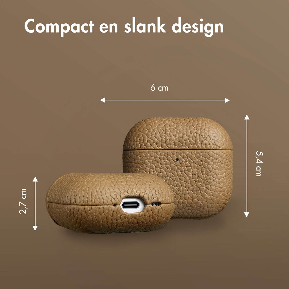 Two brown leather AirPods cases. One is open, the other closed. The background is brown with text.