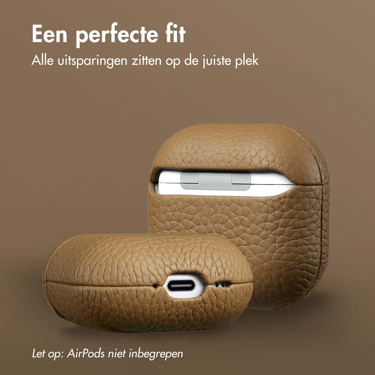 AirPods in a brown leather case, opened, on a brown background, with text.