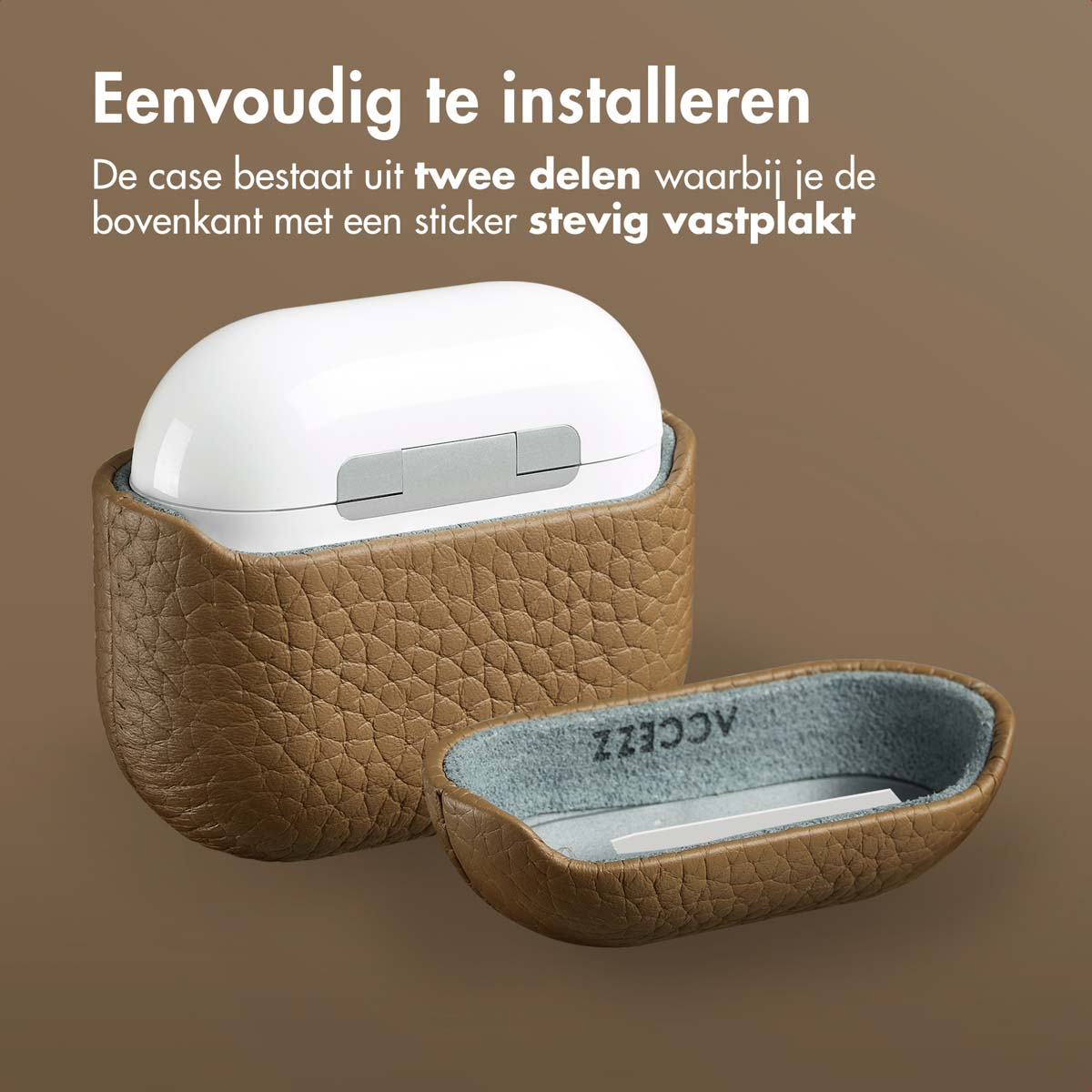 White AirPods case inside a brown leather case, with a detached bottom half.