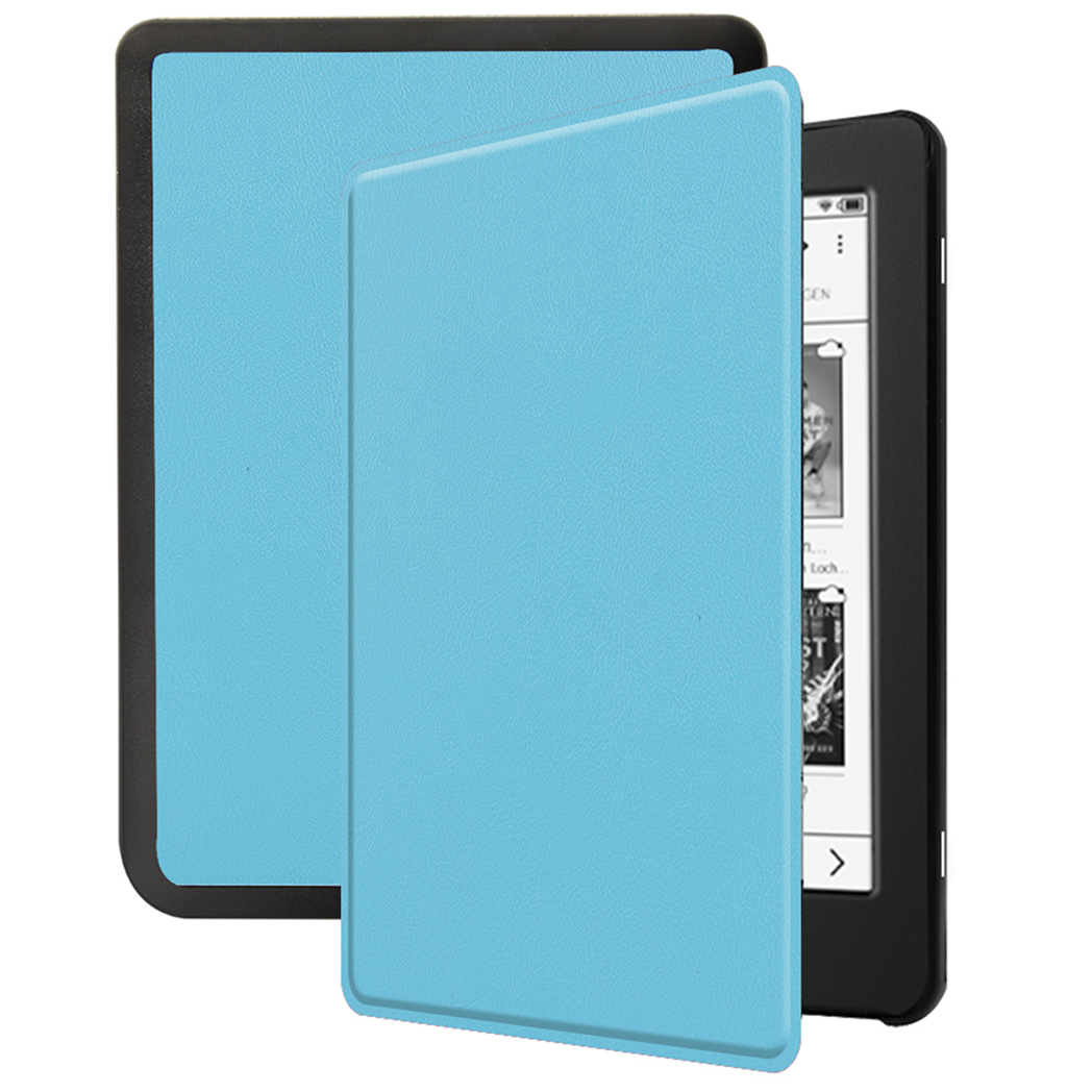 Une couverture de liseuse bleue ouverte avec une liseuse à l'intérieur. Bords noirs.