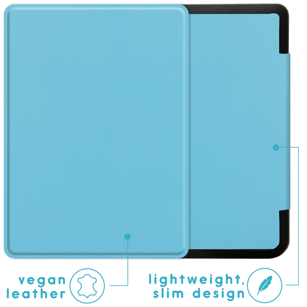 Étui pour tablette en cuir végétal bleu clair, ouvert. Texte : « cuir végétal » et « design léger et fin ».