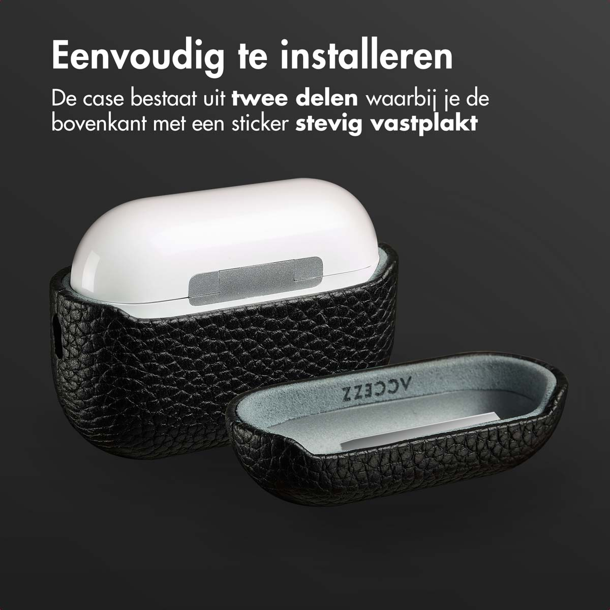 Black AirPods Pro case, open, with a separate case piece, text about installation.