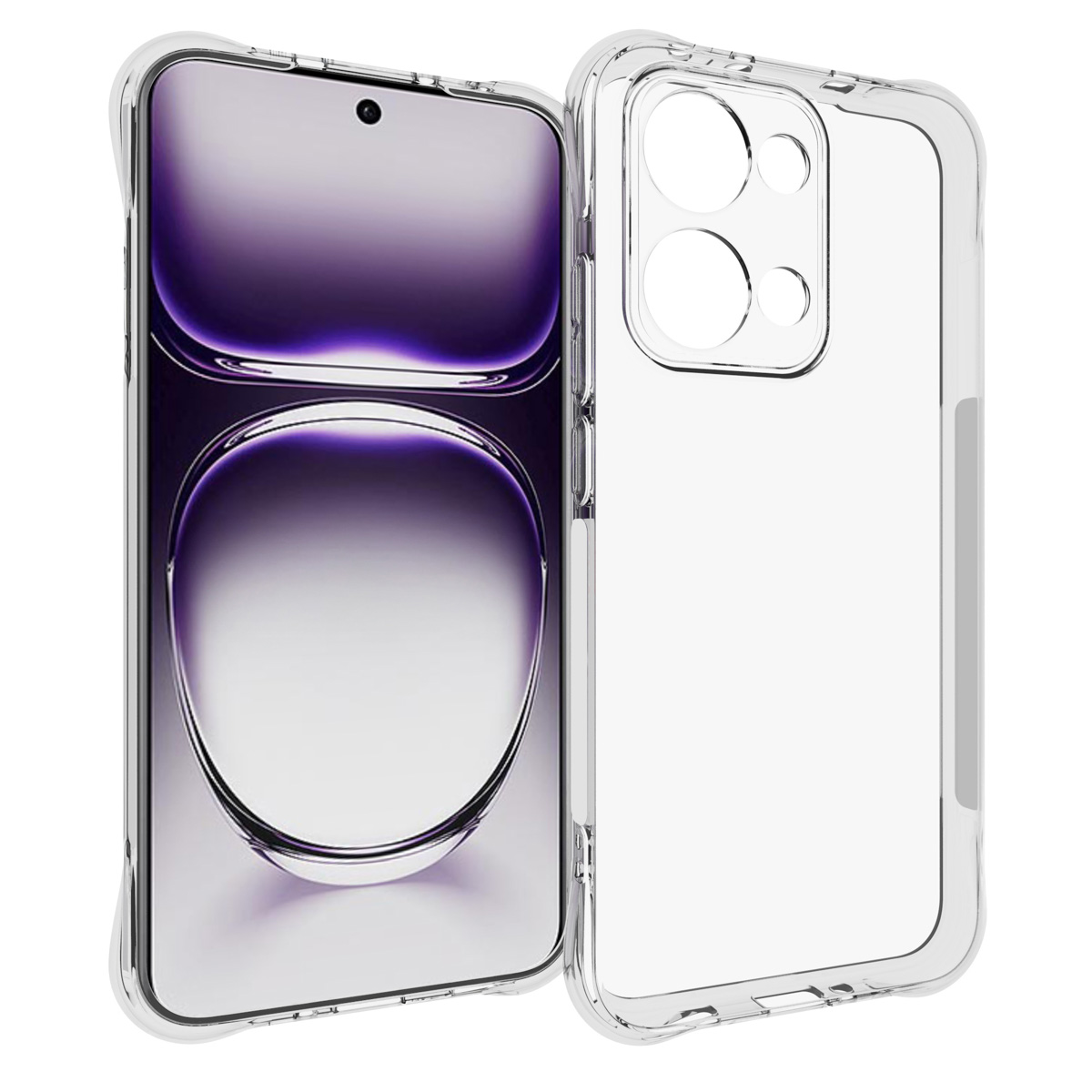 Coque de téléphone transparente autour d'un téléphone avec un dégradé violet. Fond blanc.