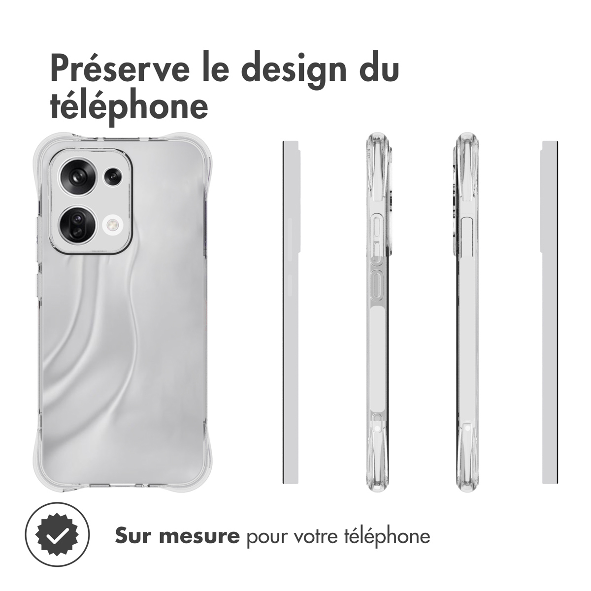 Coque de téléphone transparente, différents angles montrés. La coque est transparente avec des accents noirs. Du texte est présent.