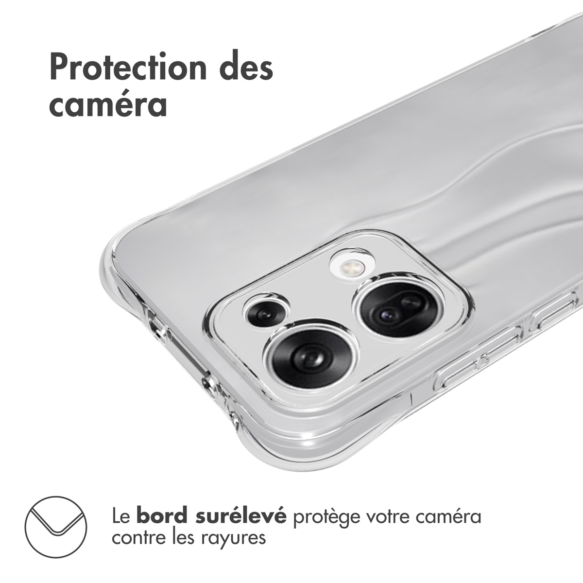 Gros plan sur une coque transparente pour téléphone protégeant les lentilles de l'appareil photo sur une surface blanche.