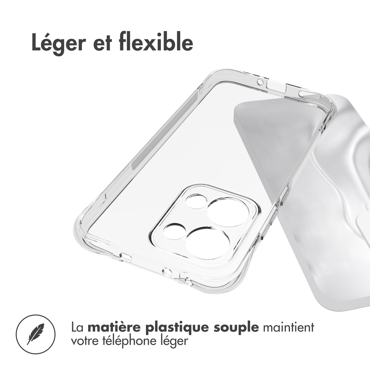 Coque de téléphone transparente avec un téléphone à l'intérieur. La coque est souple et en plastique. Une icône de plume est affichée.