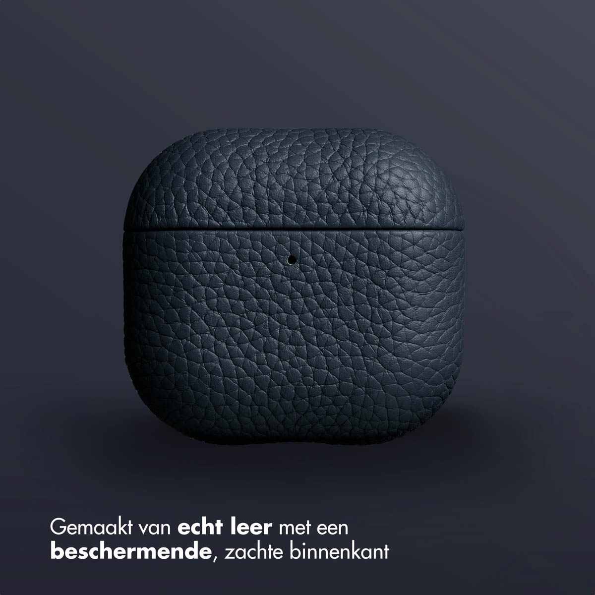 A closed, dark blue leather AirPods case on a dark blue background. It has a textured surface.
