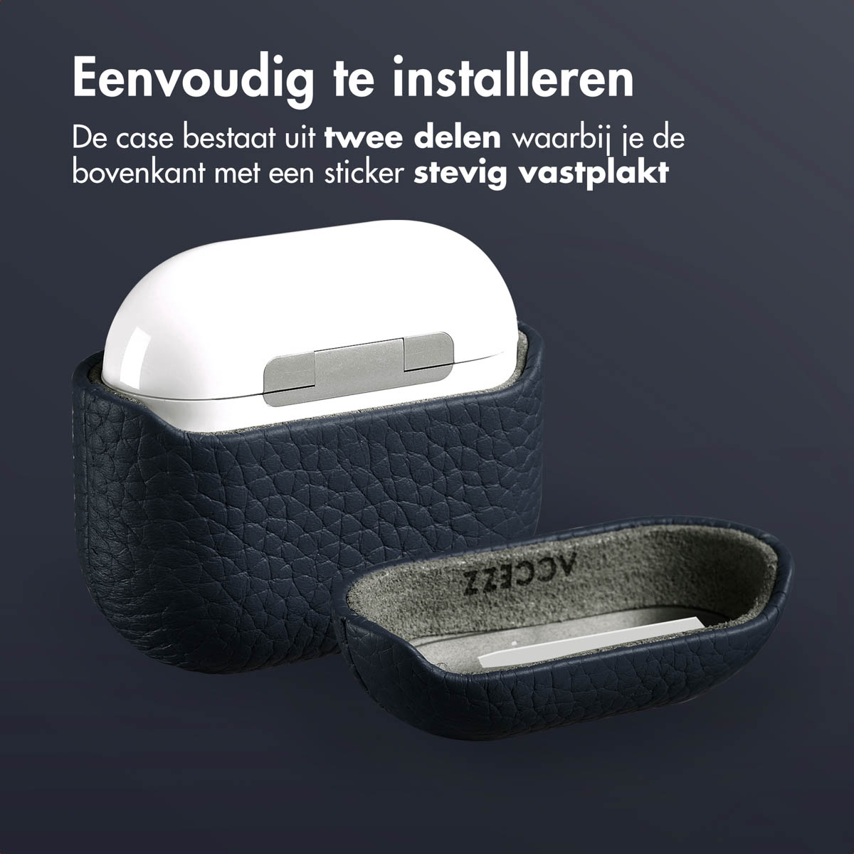 White AirPods case inside a dark blue leather case, with a detached bottom half.