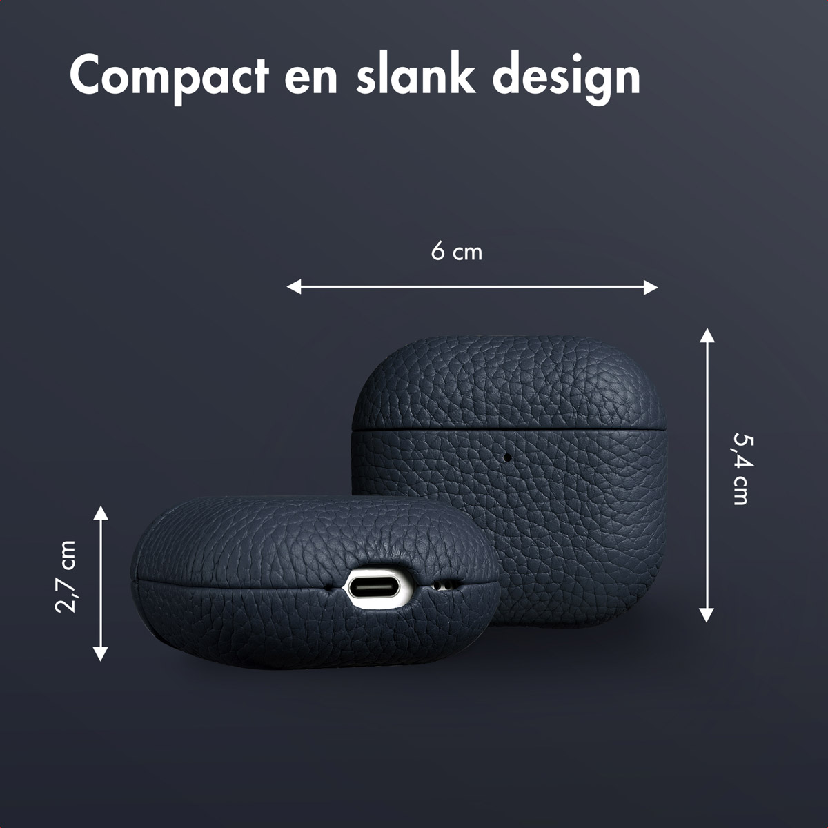 Dark blue AirPods case and its open cover next to it. Dimensions are shown.