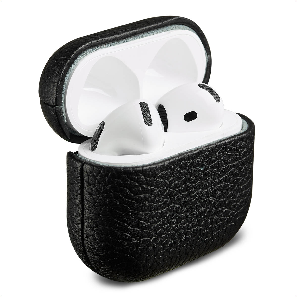 Open black leather AirPods case. White AirPods inside. The background is white.