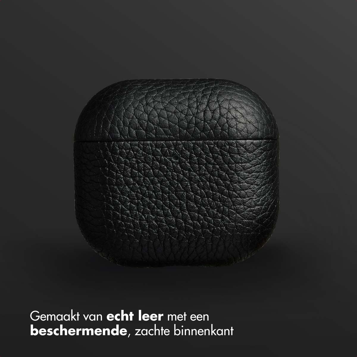 Black leather AirPods case. Text: Made of genuine leather with a protective, soft interior.