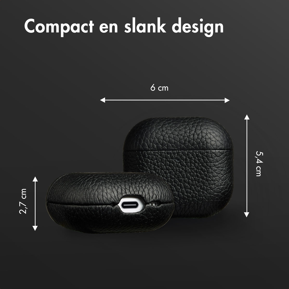Black AirPods case with dimensions shown: 6 cm wide, 5.4 cm high, 2.7 cm thick.