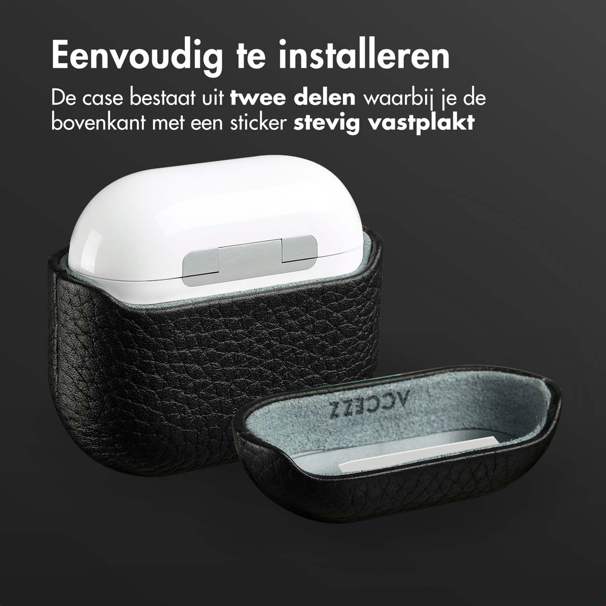 A black leather AirPods case with white AirPods and a matching cover on a black backdrop.