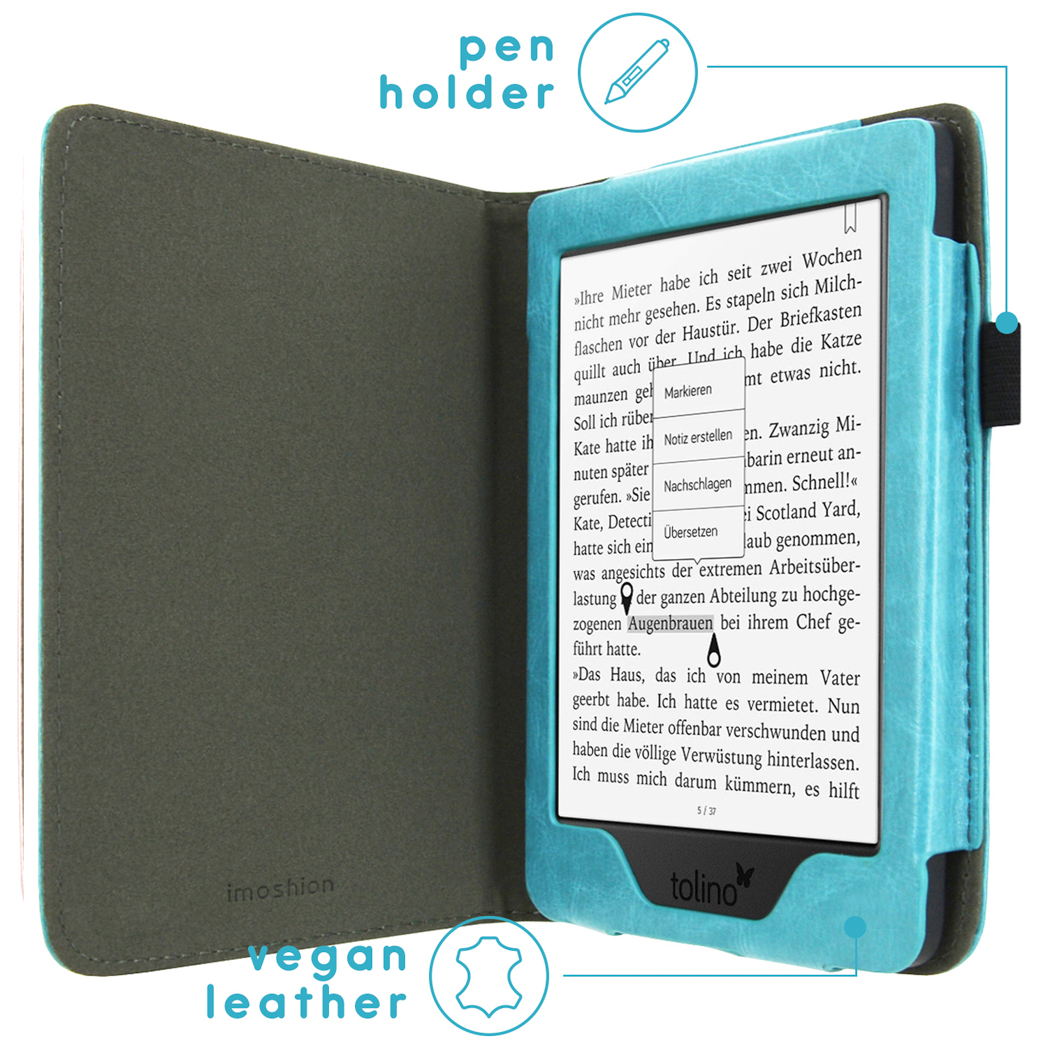 Een open e-reader in een teal leren hoes met tekst op het scherm. De achtergrond is wit.
