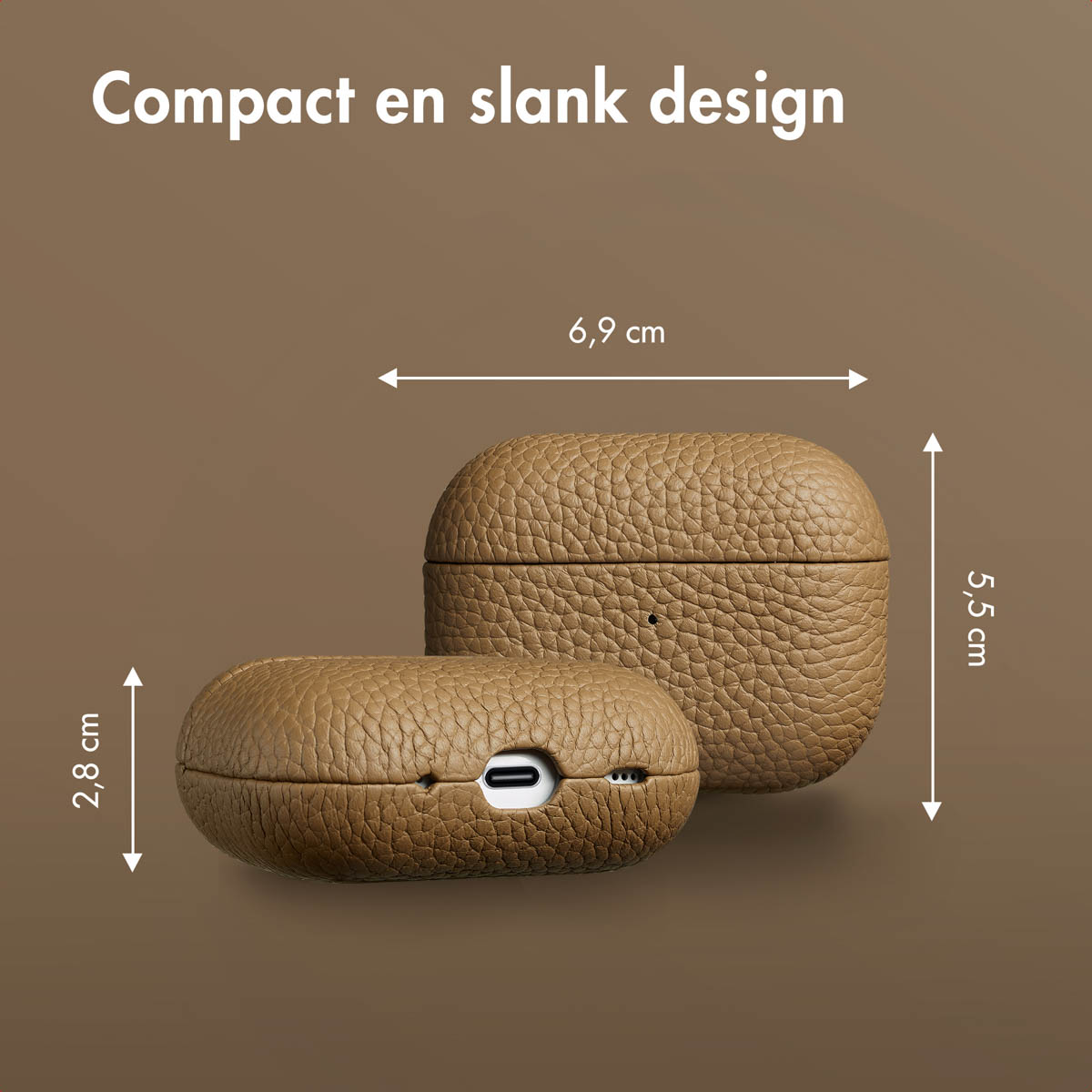 Brown AirPods case with dimensions shown: 6.9 cm wide, 5.5 cm high, 2.8 cm thick.