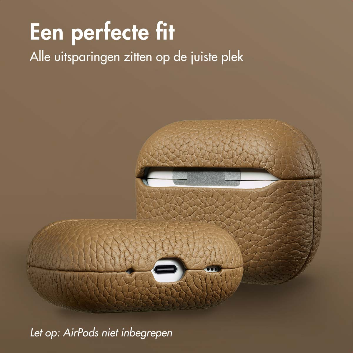 Tan leather AirPods case with a matching case. Both cases are on a brown background.