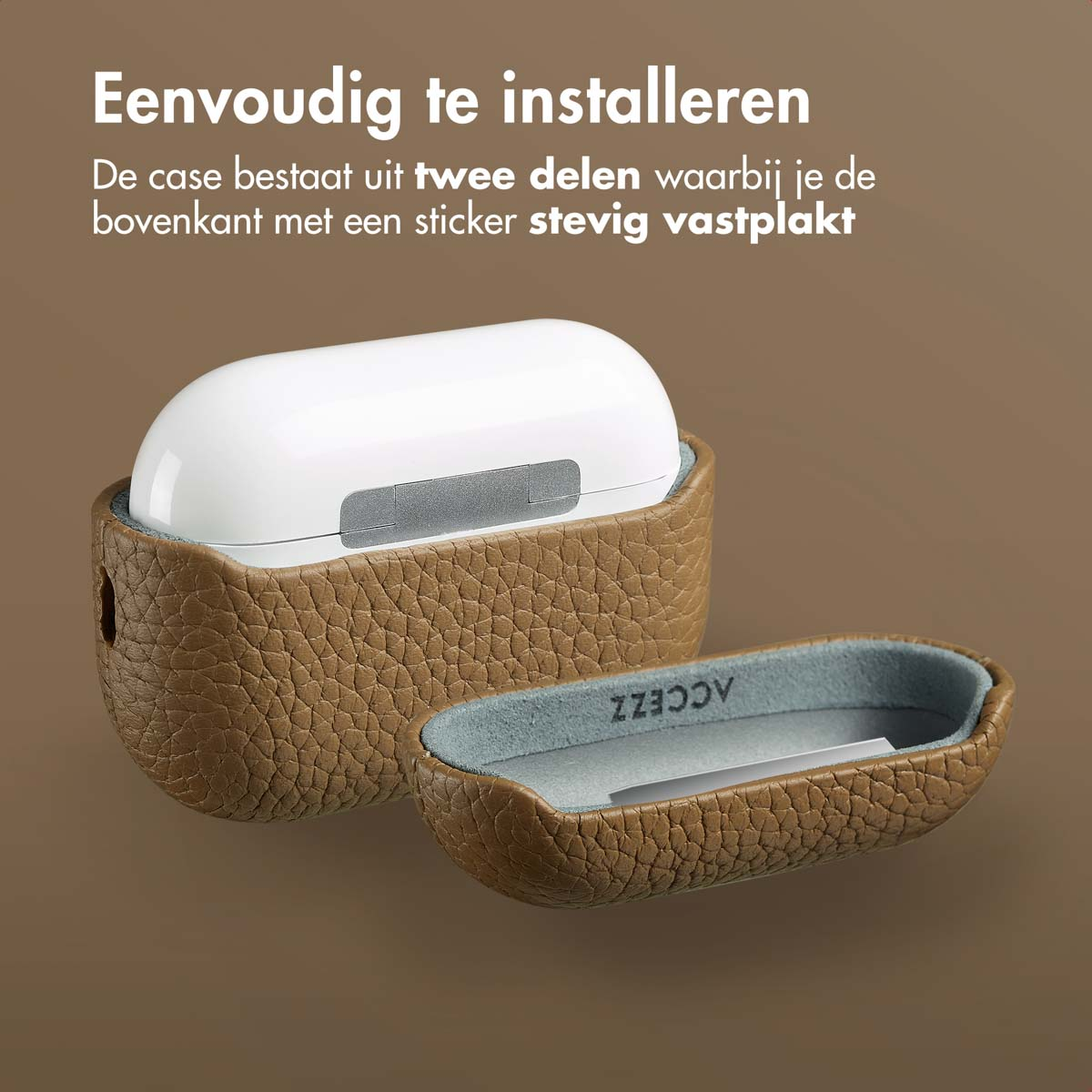 AirPods case and its case open. Tan leather case. White AirPods inside. Brown background.