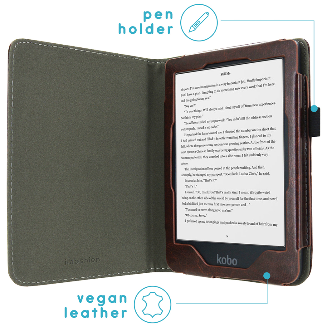 Brown e-reader case with text. The screen displays text. The case is open. It has a pen holder and vegan leather.