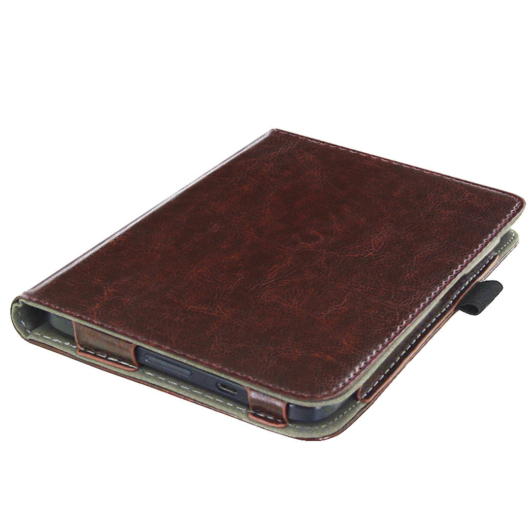 Brown leather e-reader case, closed. Shows the side and top view. Black elastic band.