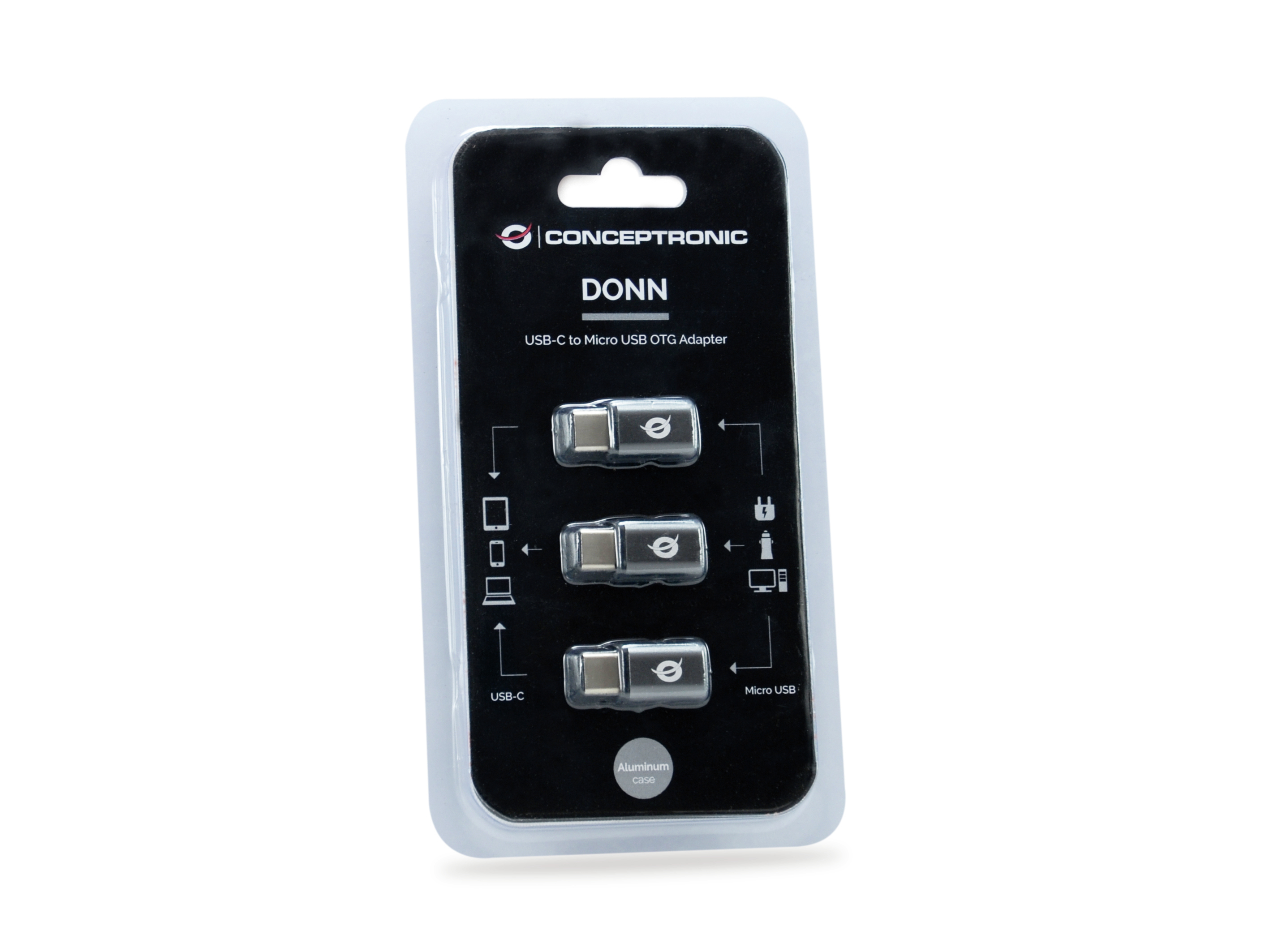Adattatore CONCEPTTRONIC USB-C a Micro USB OTG in blister su bianco.