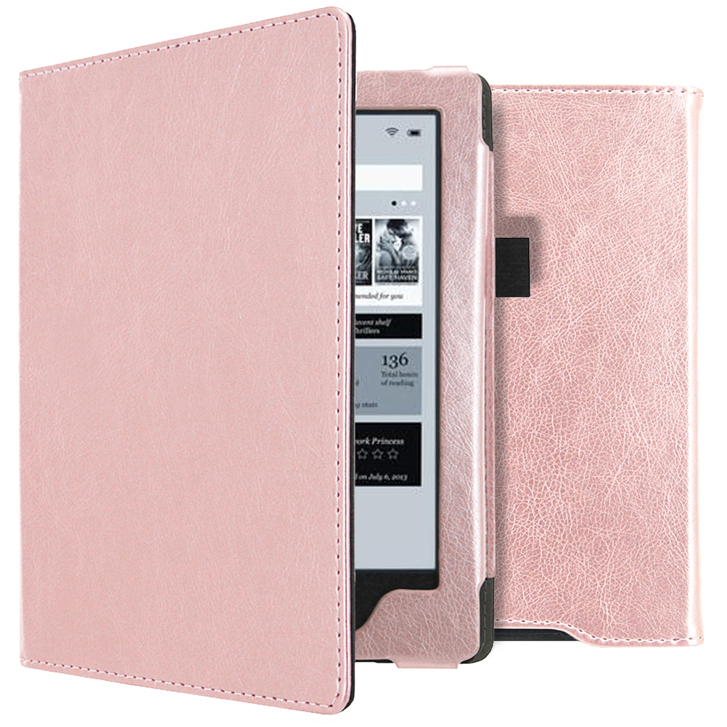 Housse de livre électronique rose ouverte. Écran de livre électronique visible.