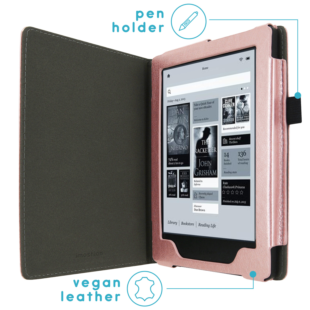 Un étui de liseuse ouvert avec un livre sur l'écran. Étiquettes de texte : porte-stylo, cuir végétalien.