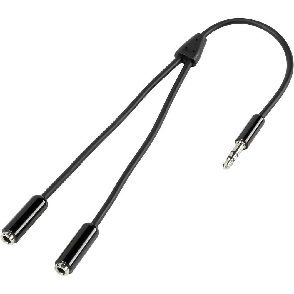 Cavo splitter audio nero con due jack femmina e una spina maschio.