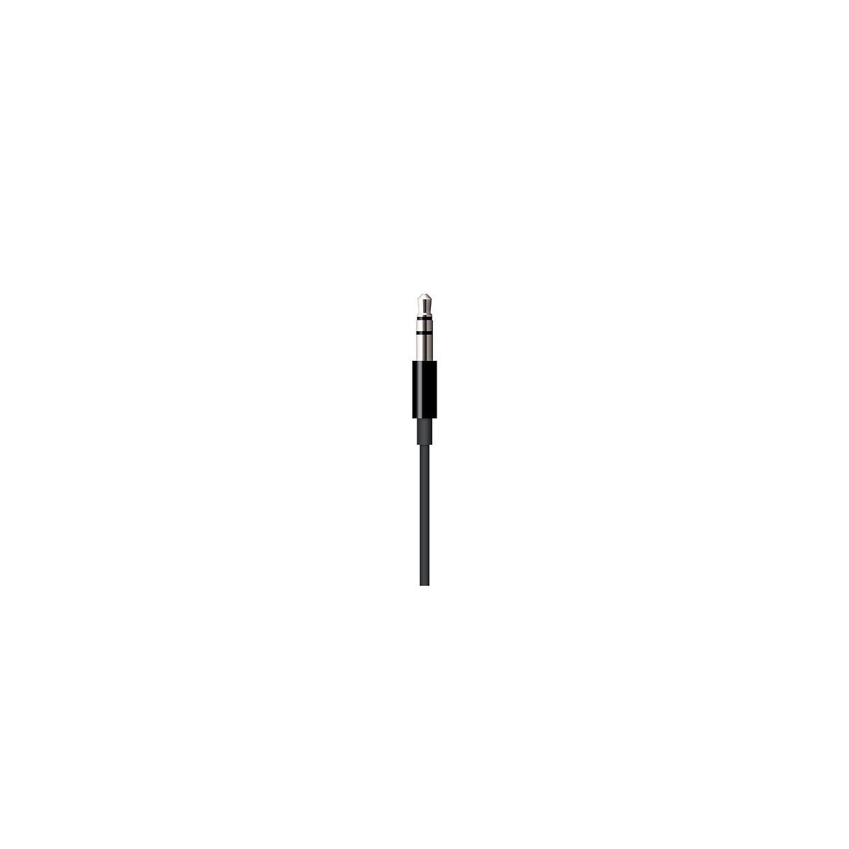 Connecteur audio mâle 3,5 mm, câble noir. Isolé sur fond blanc.