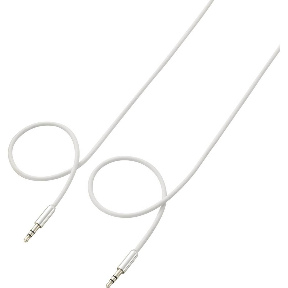 Due cavi audio bianchi con connettori argentati, su sfondo bianco.