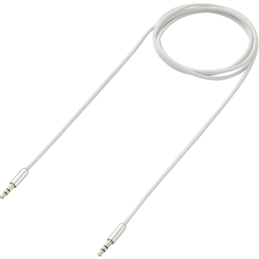 Cavo audio bianco con due jack da 3,5 mm su sfondo bianco.