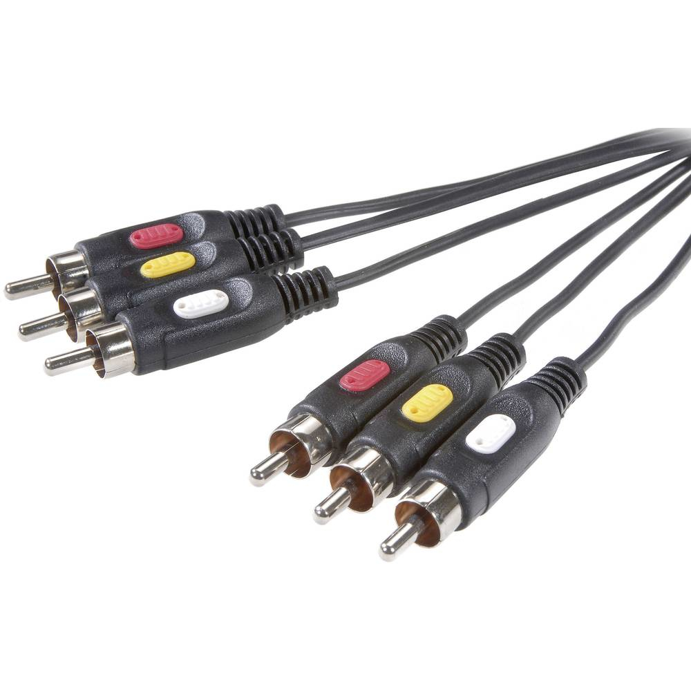 Cavi audio/video neri multipli con connettori rossi, gialli e bianchi.