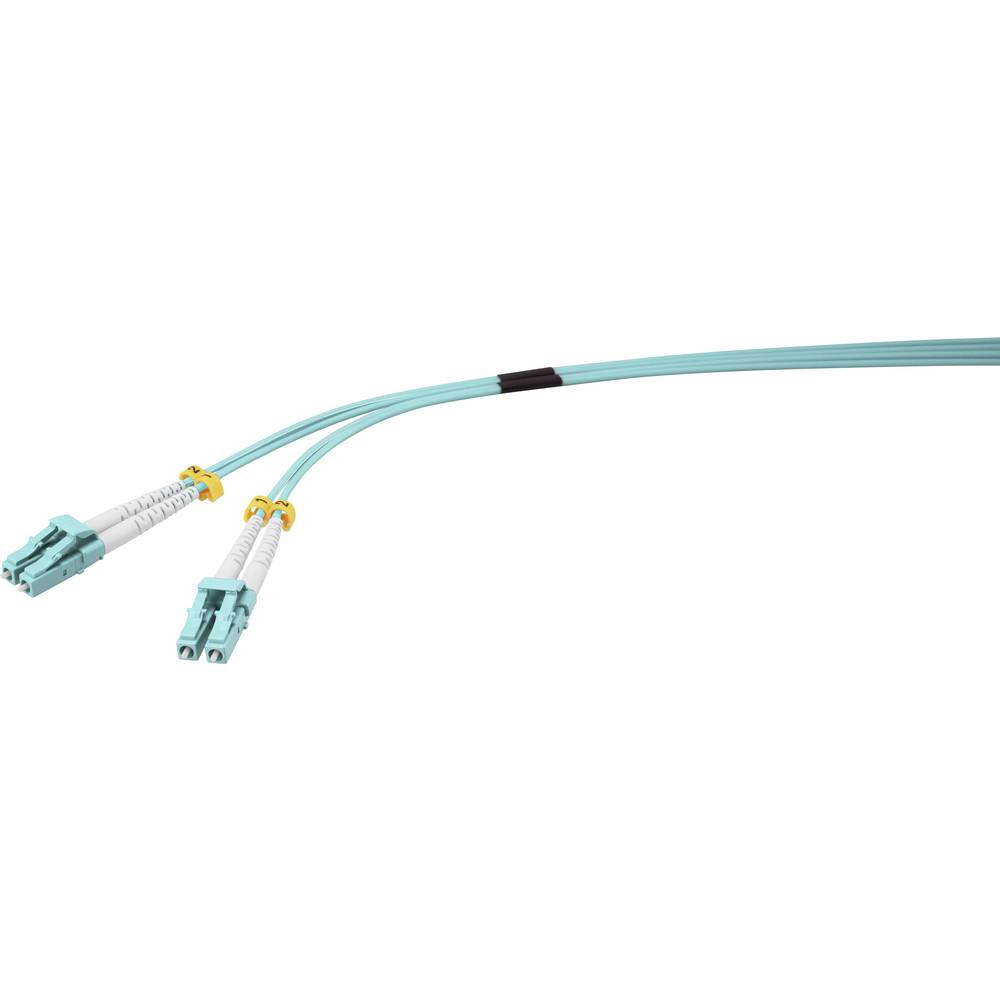Due cavi in fibra ottica azzurri con connettori.