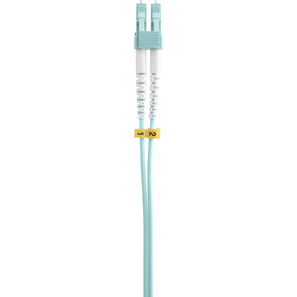 Due cavi in fibra ottica blu con connettori bianchi e beige. I connettori sono etichettati 1 e 2.