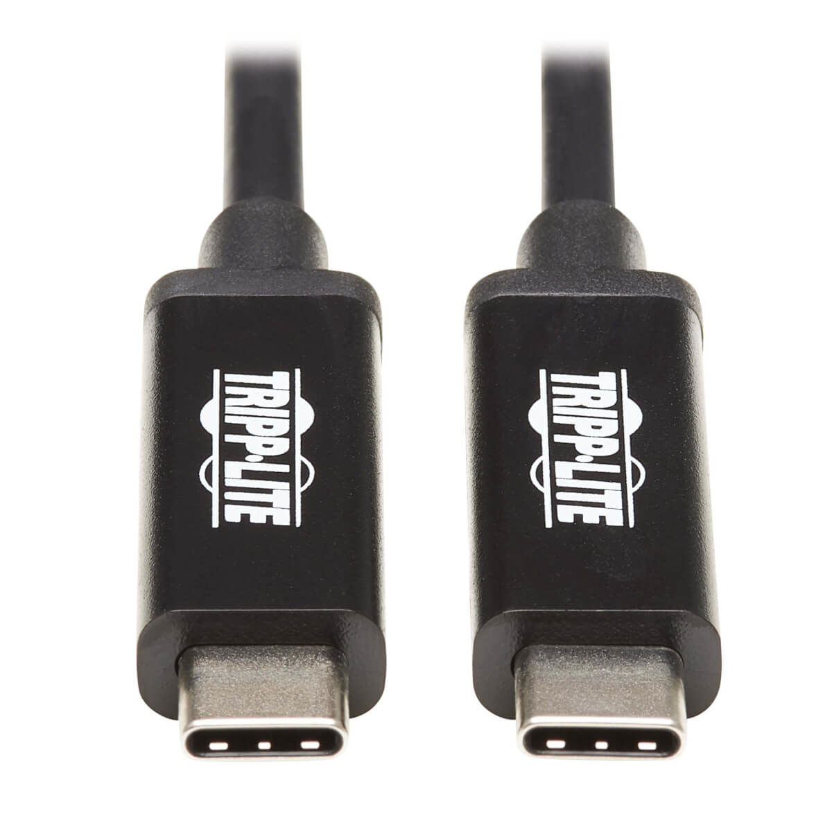 Dwa czarne kable USB-C Tripp-Lite z białymi logo na białym tle.