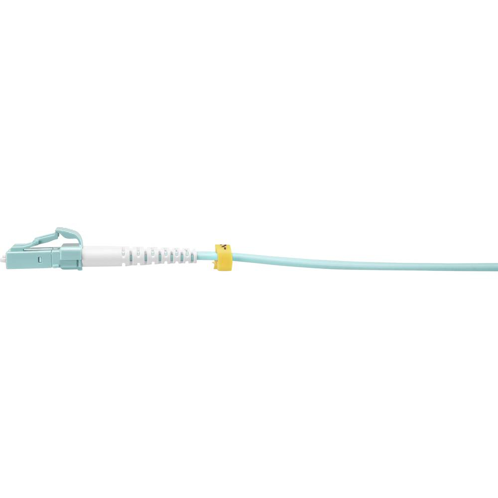 Cavo in fibra ottica azzurro. Un anello giallo blocca il cavo. Sfondo bianco.