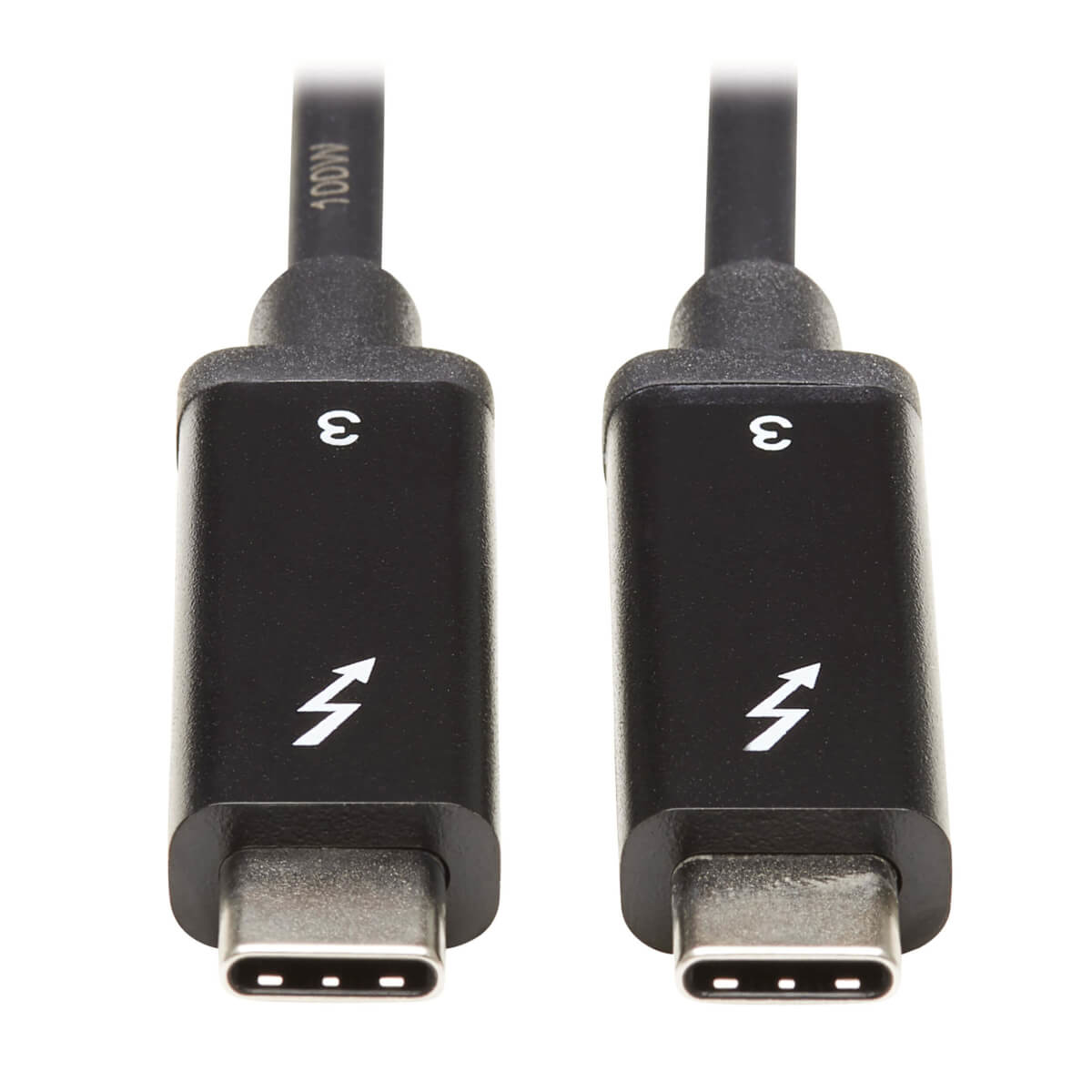 Dwa czarne kable Thunderbolt ze złączami USB-C. Białe tło.
