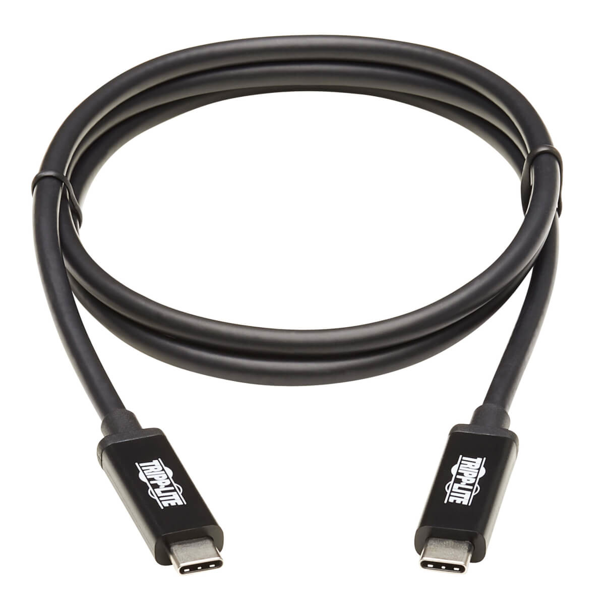 Czarny kabel USB-C z dwoma złączami. Kabel posiada logo Tripp Lite.