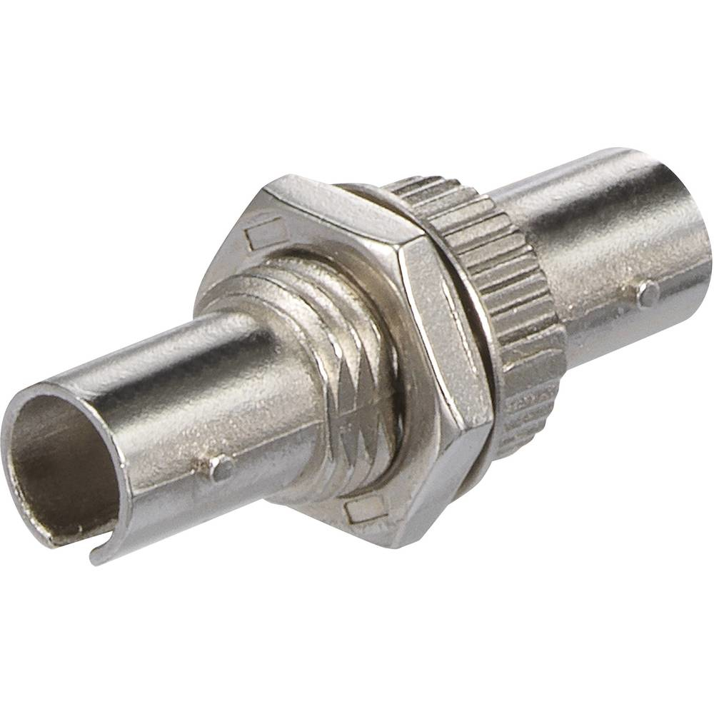 Adattatore metallico con base esagonale e due connettori.