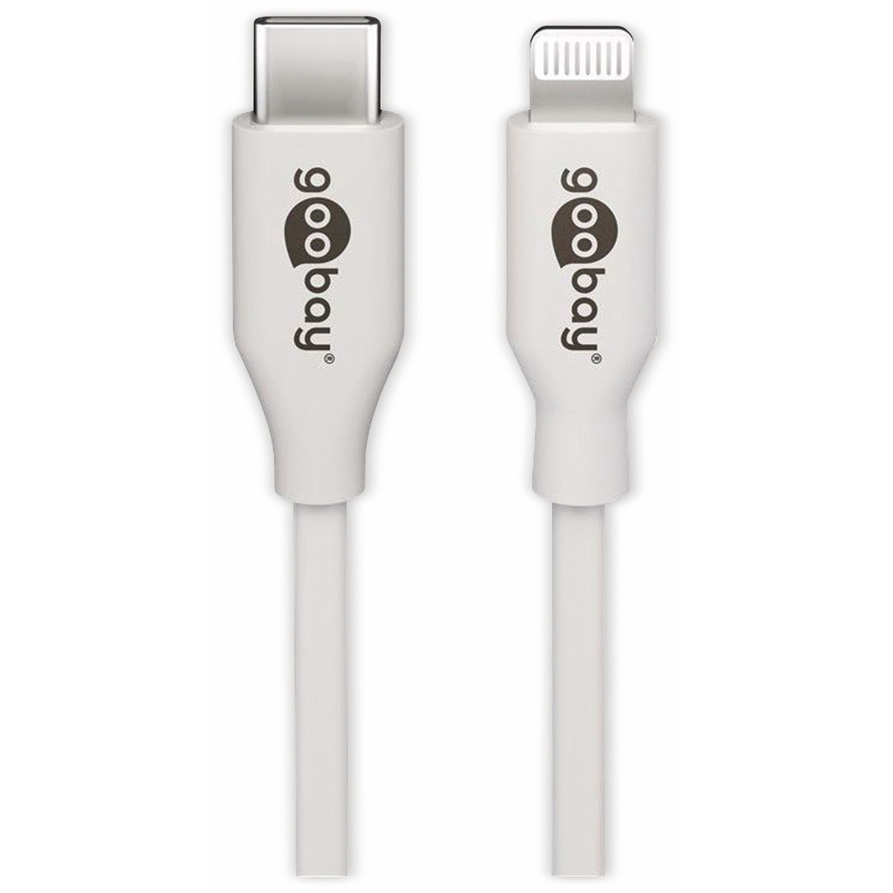 Un cavo da USB-C a Lightning bianco. I connettori sono bianchi, con un logo goo.bay.