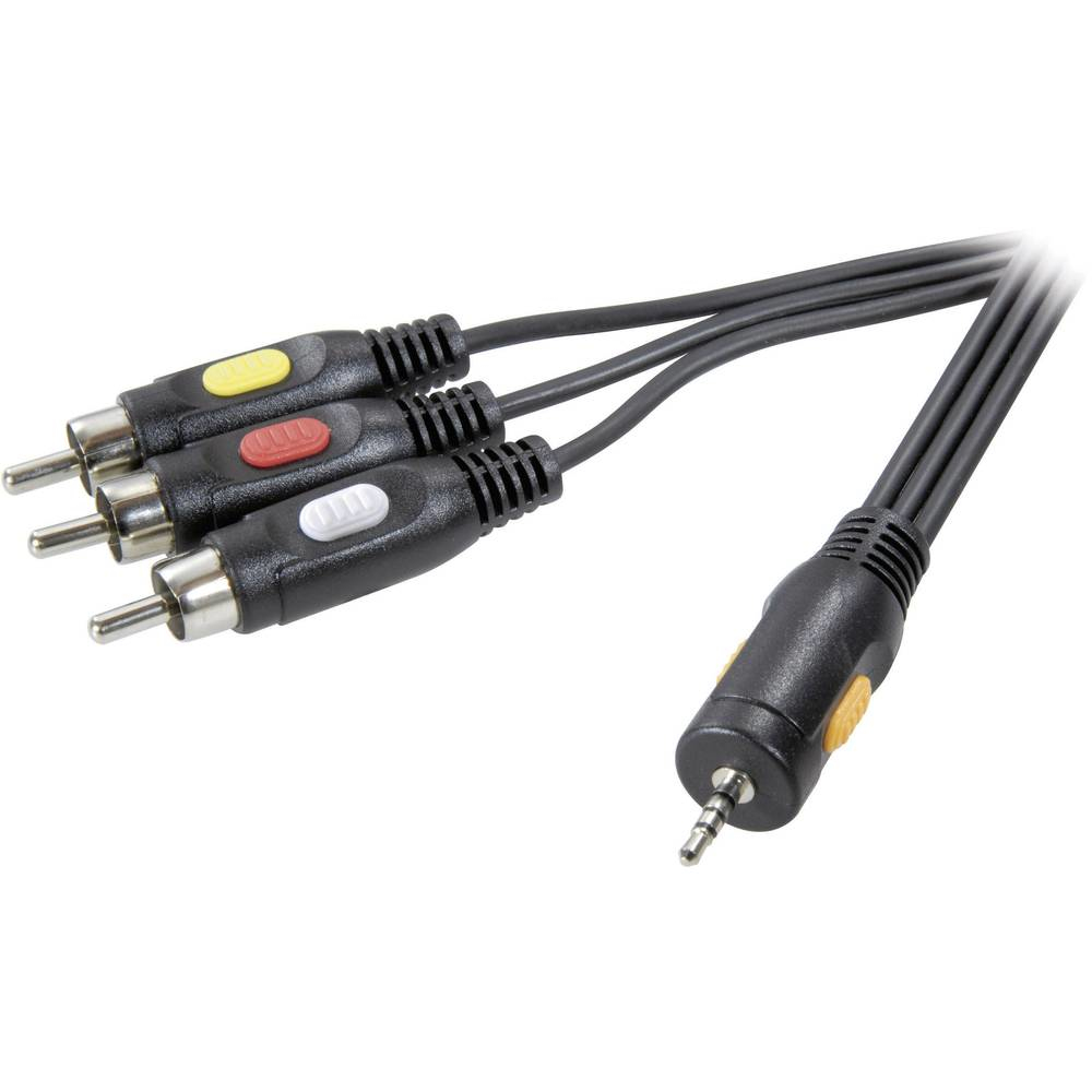 Un cavo nero si divide in tre connettori RCA. Sfondo bianco.