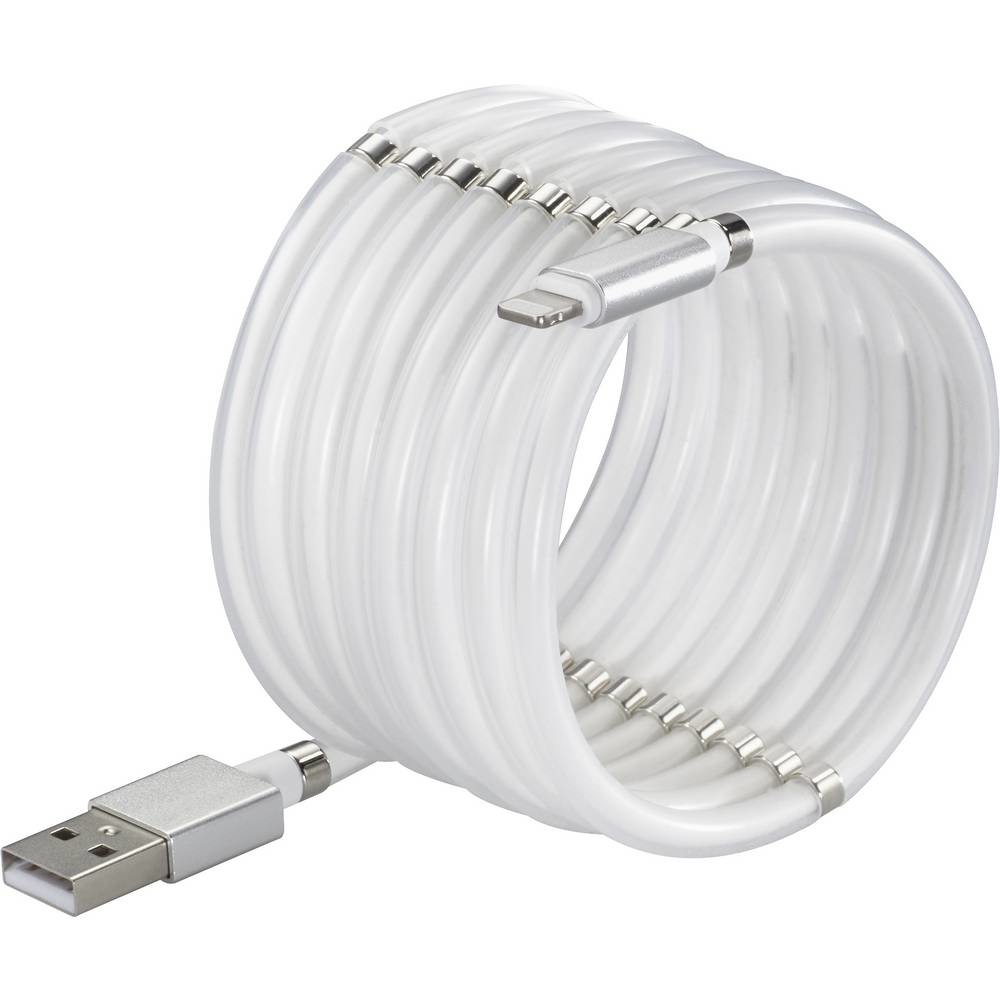 Biały kabel USB na Lightning zwinięty w okrąg.