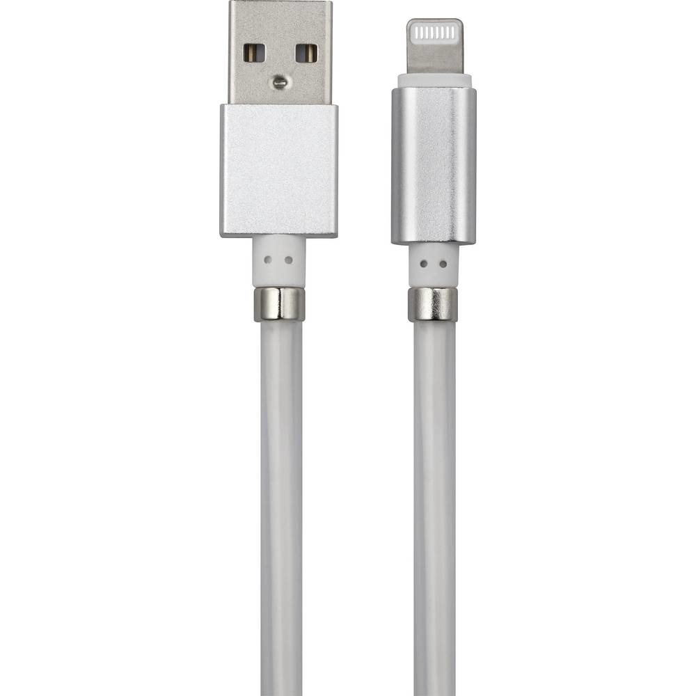 Srebrny kabel USB i Lightning. Oba końce są widoczne. Biały przewód łączy złącza.