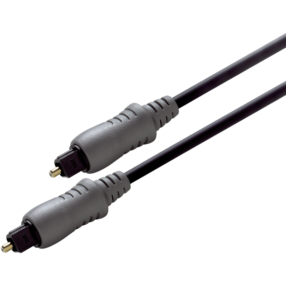 Cavo audio ottico nero. Connettori grigi. Sfondo bianco.