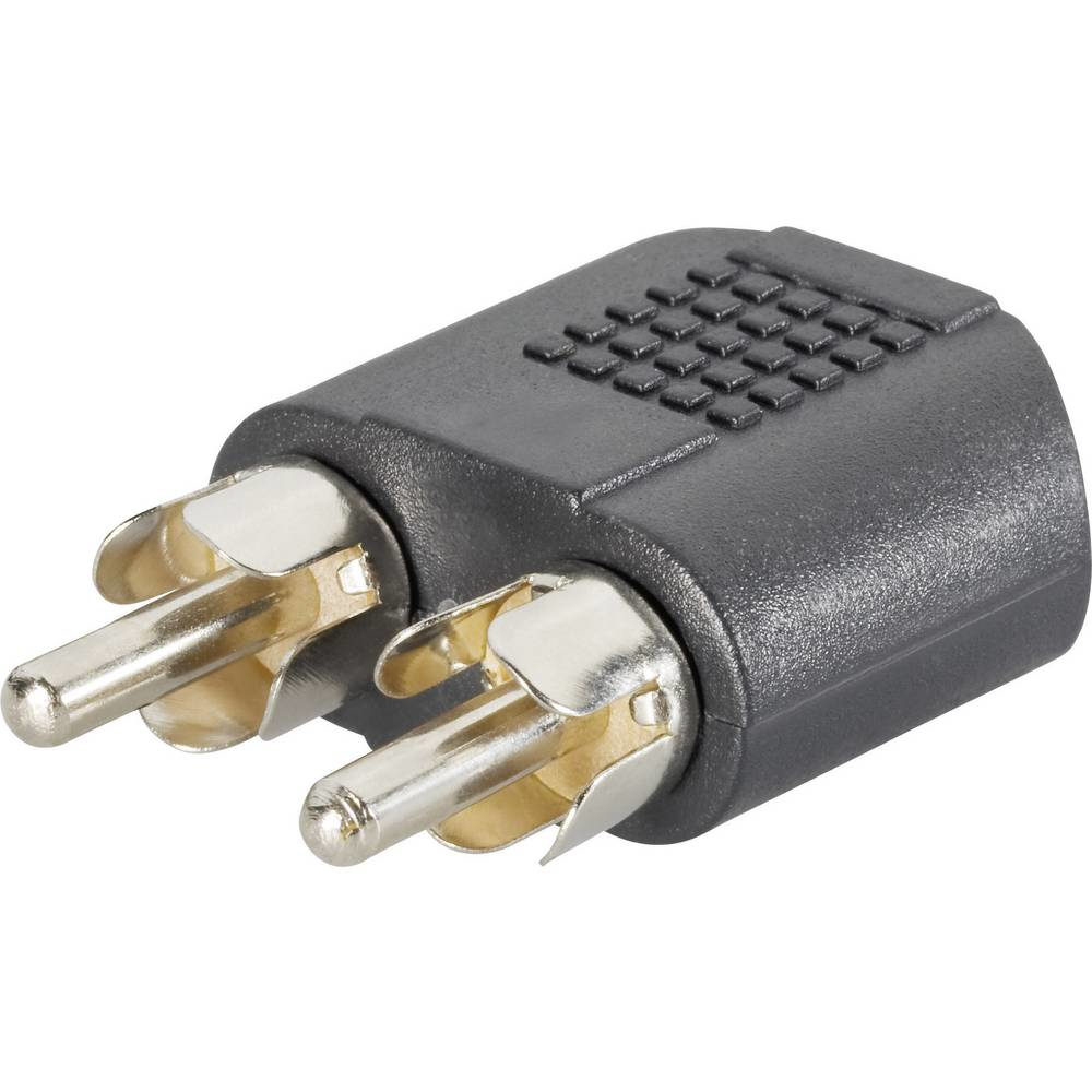 Adattatore audio nero con due connettori argentati.