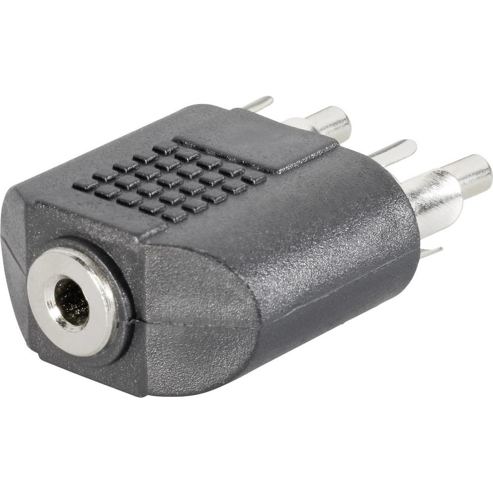 Adattatore nero da RCA a 3,5 mm. Una porta femmina da 3,5 mm argentata a sinistra. Tre pin a destra.