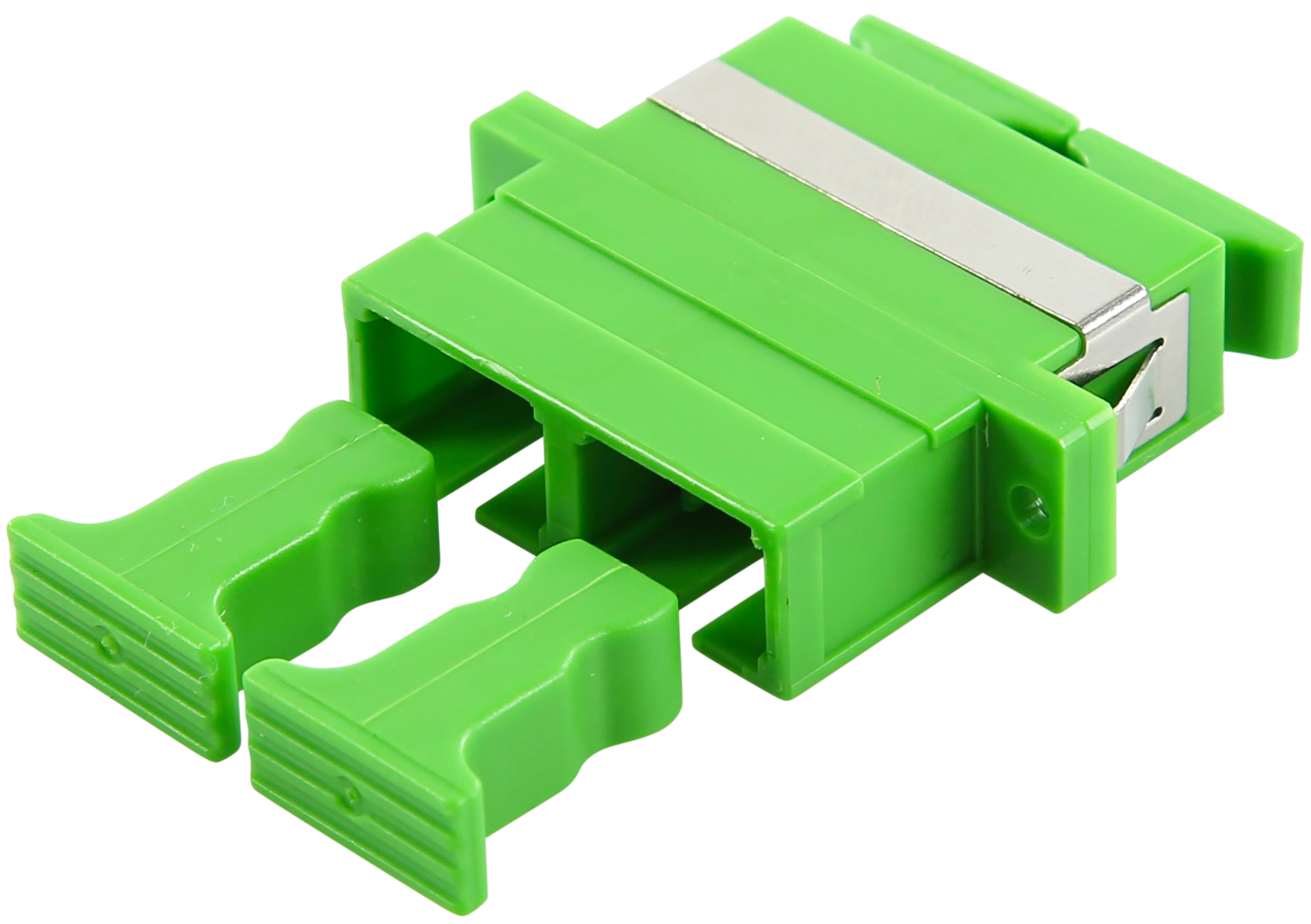 Adattatore in fibra ottica verde. Due metà con clip in metallo, sfondo bianco.
