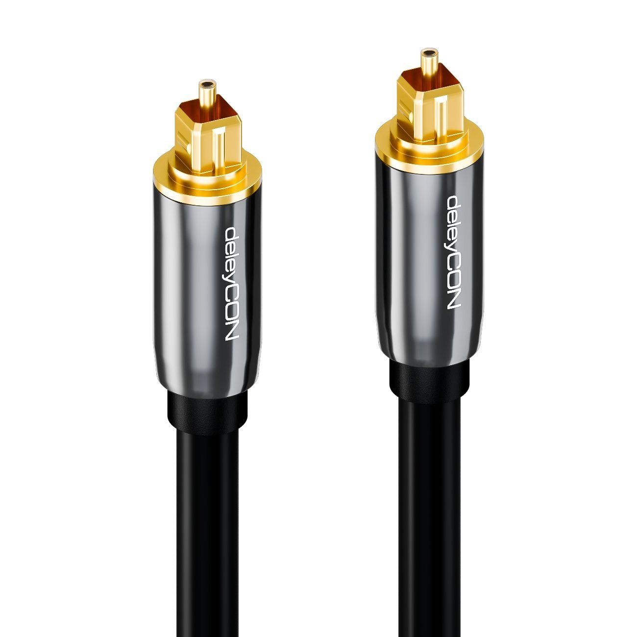 Zwei optische Audiokabel. Goldspitzen, silberne Kragen, schwarze Kabel. Markenname ist DeleyCON.